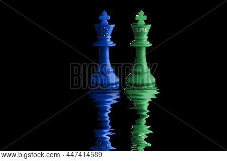 European Union And Saudi Arabia Flags Paint Over On Chess King. 3d Illustration.