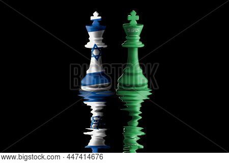 Israel And Saudi Arabia Flags Paint Over On Chess King. 3d Illustration.