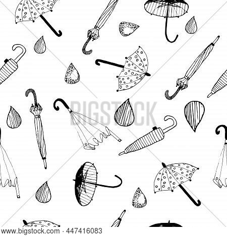 Pattern Of Doodle Sketch Umbrellas And Drobs