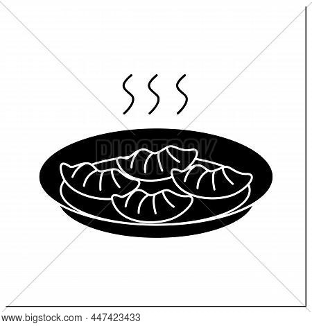 Dim Sum Glyph Icon. Tasty Steaming Hot Chinese Dim Sum Dumplings Or Baozi Steamed Buns Plate. Tradit
