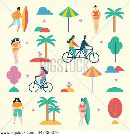 Summer Background With People On The Beach In The Flat Style