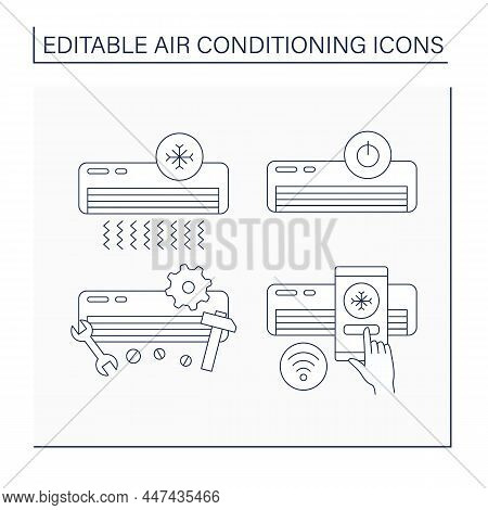Air Conditioning Line Icons Set. Cool Mode, Repair, Switch Off And Manage By Smartphone. Air Conditi