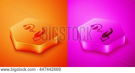 Isometric Caduceus Snake Medical Symbol Icon Isolated On Orange And Pink Background. Medicine And He