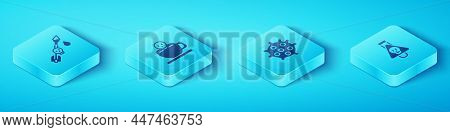 Set Isometric Poison On The Arrow, Coffee Cup With Skull, Bottle Potion And Bacteria Icon. Vector