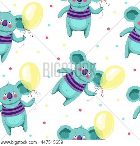 Australian Bear Coala With Yellow Airballon, Vector Illustration. Kids Design Poster, Banner, T Shir