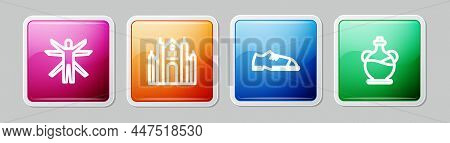 Set Line Vitruvian Man, Milan Cathedral, Men Shoes And Bottle Of Olive Oil. Colorful Square Button. 