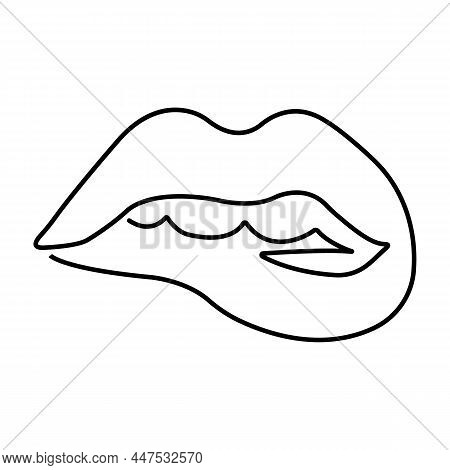 Sexy Female Mouth With Bitten Lip. A Symbol Of Love, Kiss, Passion And Sexual Desire. Minimalism Sty