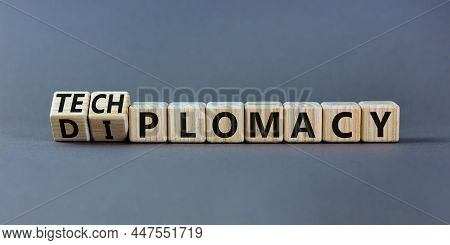 Diplomacy Or Techplomacy Symbol. Turned Wooden Cubes And Changed The Concept Word Diplomacy To Techp
