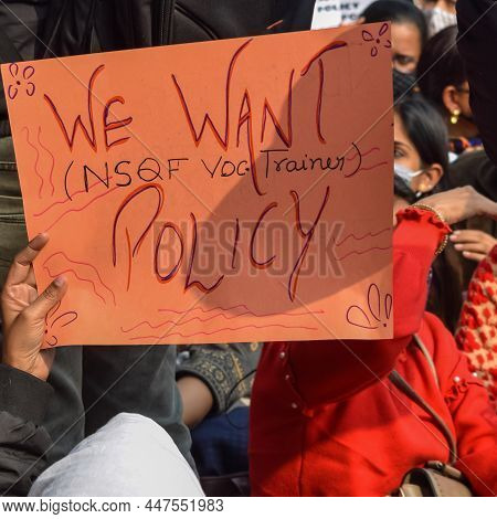 New Delhi, India December 25 2021 : Delhi Contractual Guest Teachers With Posters, Flags And Graffit