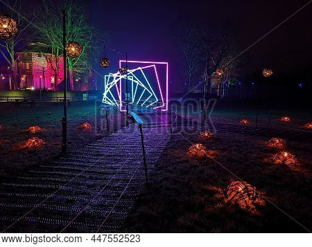 A Night Time View Of An Illuminated Area Of Woodland With Christmas Lights And Decorations In Dalkei