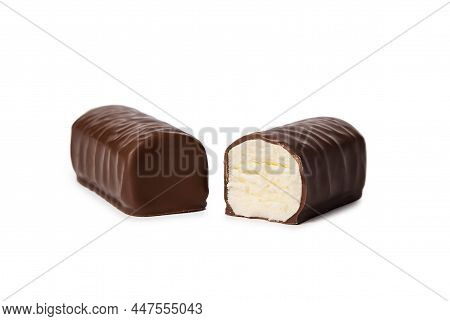 Glazed Cheese In Milk Chocolate Broken Into Halves On A White Isolated Background