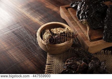 Variety Of Mexican Dried Chili. Chile Morita, Chipotle And Pasilla, This Mexican Chili Is The Dried 