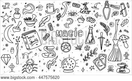 Magic Hand Drawn Doodle Set. Vector Icons Of Magic Items. Collection Halloween Elements. Magic Broom