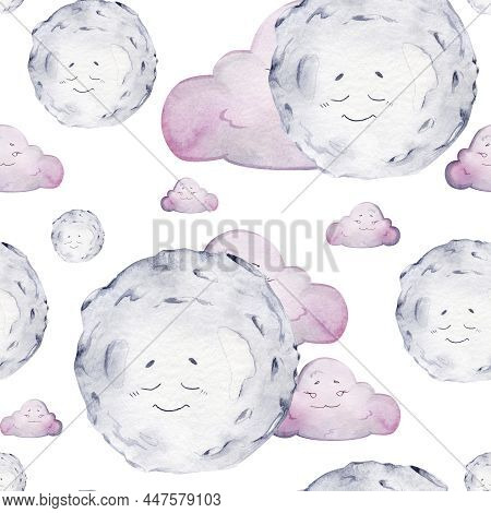 Watercolor Space Childish Cute Moon Clouds Pattern.