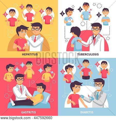 Illnesses Design Concept With Four Square Compositions Funny Boy And Doctor Characters With Infograp