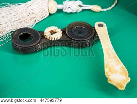 Tula, Russia - January 3, 2021: Antique Copper Lorgnette On A Bone Handle
