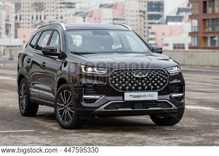 Moscow, Russia - March, 18.2021: New Suv Chery Tiggo 8 Pro. Exterior Of A New Seven-seater Minivan F