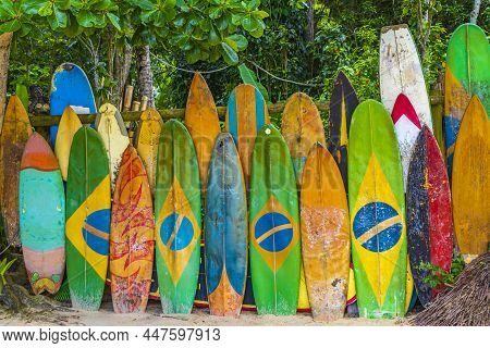 Colorful Surfboards Brazilian Flag Ilha Grande Rio De Janeiro Brazil.