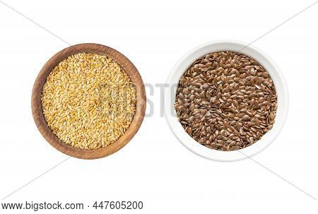 Golden And Brown Seeds Of Flax On White Background. Top View. Seeds Of Flax In A Bowl Isolated On Wh