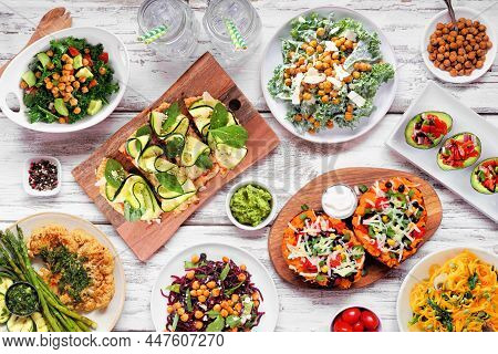 Healthy Plant Based Low Carb Diet Table Scene. Above View On A White Wood Background. Cauliflower Fl