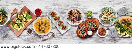 Healthy Plant Based Low Carb Meal Table Scene. Overhead View On A White Wood Banner Background. Caul