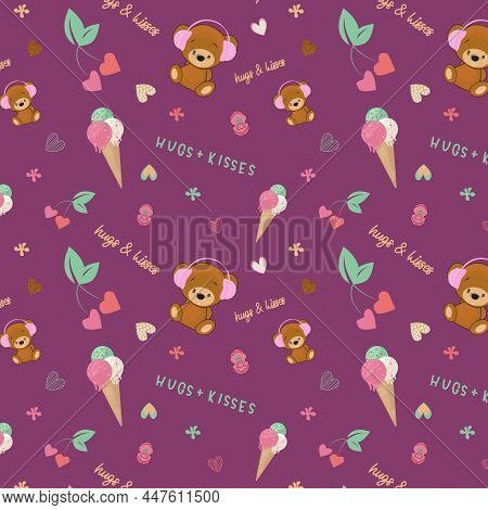 Romantic Cartoon Seamless Pattern With Icecream Heart And Teddy Bear Valentine S Day