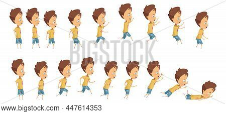 Animation With Frame Sequence When Jumping Running And Falling Of Boy Cartoon Style Isolated Vector 