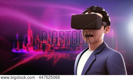 Man Wearing Virtual Reality Headset On Light Neon Cityscape Background. A Young Man Wearing Vr Heads
