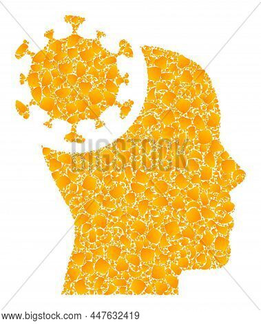 Vector Golden Head Virus Mosaic Icon. Head Virus Is Isolated On A White Background. Golden Particles