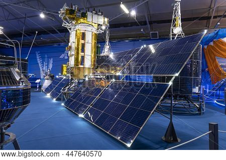 Exhibits In The Roscosmos Party Patriot Hall. Moscow, Russia December 19, 2021.