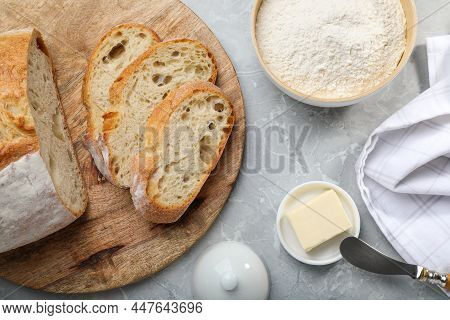Flat Lay Composition With Freshly Baked Sodawater Bread On Light Grey Marble Table