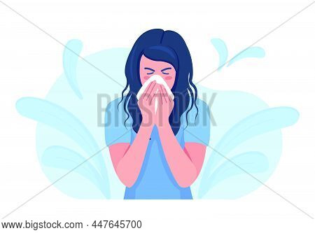 Female Character Sneezing, Coughing In Tissue. Prevention Against Virus, Infection. Sick Woman Sneez