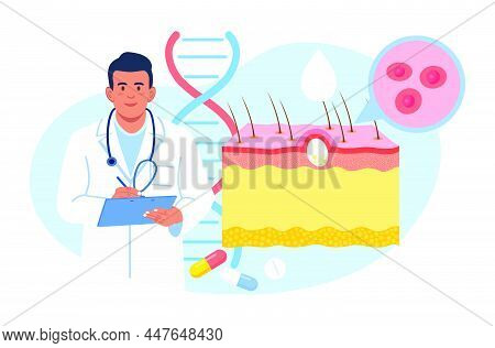 Dermatology. Skin Epidermis Scheme With Acne Inflammation, Varicella, Allergies Or Cancer. Doctors E