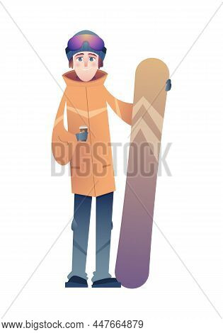 Stylish Guy In Orange Ski Suit Holding Snowboard And Hot Coffee And Smiling. Purple Mountain Goggles