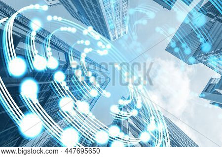Abstract Circular Light On Blurry City Background. Techonolgy, Innovation And Future Concept. Double