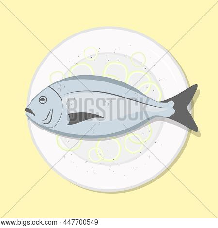 Whole Fish With Salad Healthy Diet Meal On Plate. Seafood Vector Illustration. Simple Flat Stock Ima