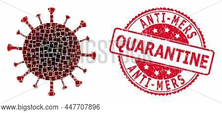 Vector Collage Red Virus Icon, And Anti-mers Quarantine Scratched Round Stamp Seal. Red Stamp Seal I
