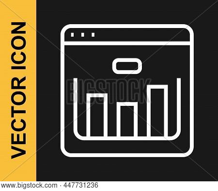 White Line Browser With Stocks Market Growth Graphs And Money Icon Isolated On Black Background. Mon