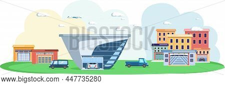 Garage With Automatic Gates. Vehicle Storage Space, Room For Cars Inside House. Gates With Lifting M