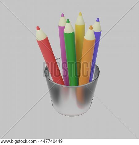 Multicolored Pencils In A Glass On A Light Background. A Set For Creativity. Pencils For Drawing. Ch