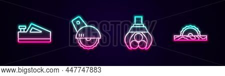 Set Line Wood Plane Tool, Electric Circular Saw, Grapple Crane Grabbed Log And . Glowing Neon Icon. 
