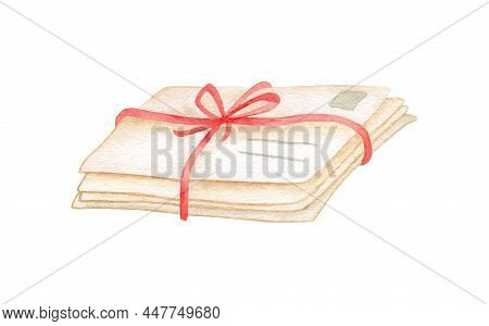 Watercolor Pile Of Envelopes Illustration. Hand Painted Craft Paper Letters Tied With Rope And Bow I