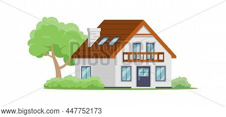 Cozy Two Storey Suburban House With Wooden Roof Balcony Veranda Isometric Vector Illustration. Comfo
