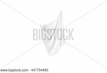 Blank White Folded Fabric Hanging On Corner Mockup, No Gravity, 3d Rendering. Empty Cotton Or Satin 