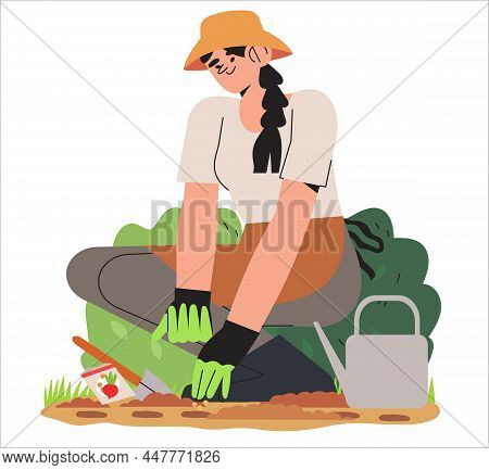 Woman Enjoy Arranging Garden And Planting. Spring Season Vegetables, Herbs, Flower Or Greenary Plant