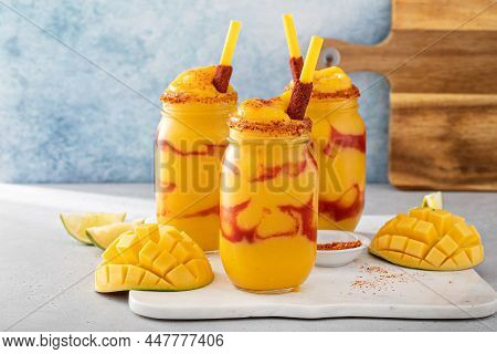 Mangonada Mexican Mango Smoothie With Chamoy Sauce And Lime Seasoning