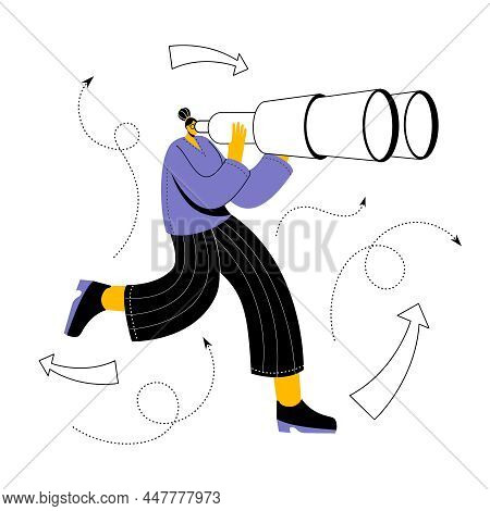A Girl In Casual Clothes Looks Through Binoculars. The Woman Chooses The Main Direction. Conceptual 
