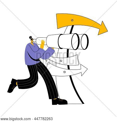 A Girl In Casual Clothes Looks Through Binoculars. The Woman Stands Next To The Sign And Chooses The