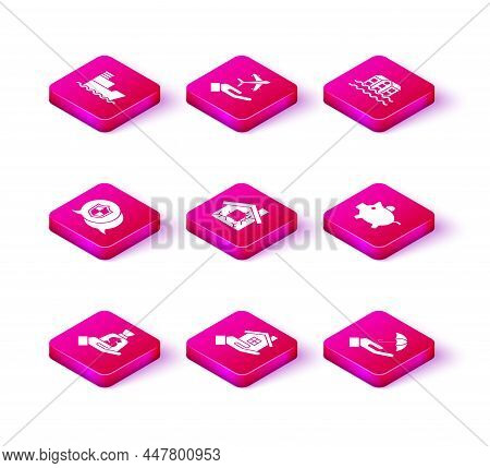 Set Money In Hand, House, Location Shield, Umbrella, Piggy Bank, Flood And Plane Icon. Vector