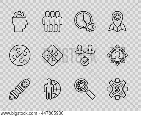 Set Line Rocket Ship With Fire, Gear Dollar Symbol, Time Management, Globe And People, Human Gear In